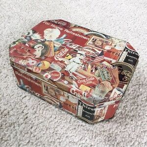 Vintage COCA-COLA Tin Can With Lid Featuring Retro Coke Advertising Items 8 x 6”